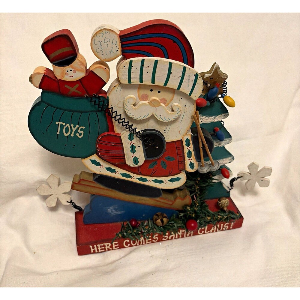 Vintage Wooden Santa Claus Christmas Figurine "Here Comes Santa Claus" 10 in